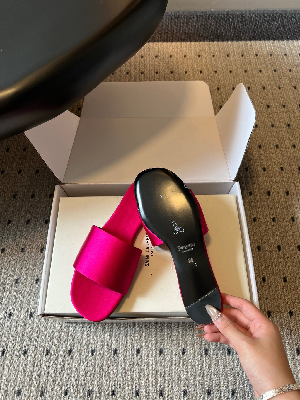 YSL 26S FLAT SLIDES IN DARK PINK SATIN