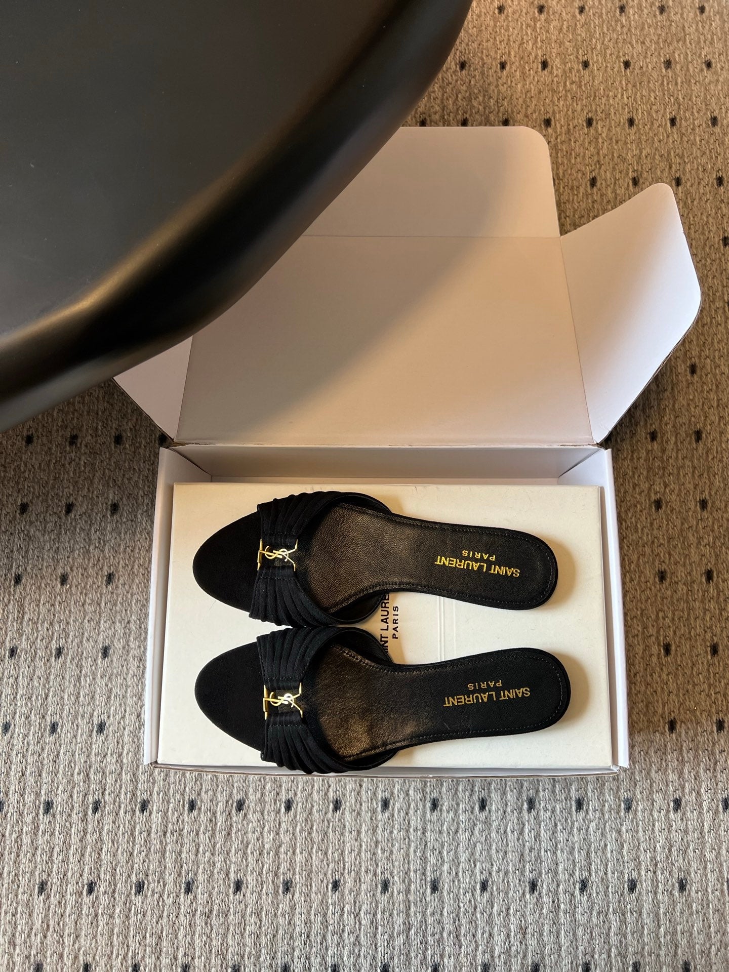 YSL 26S BABYLONE FLAT MULES IN BLACK SUEDE