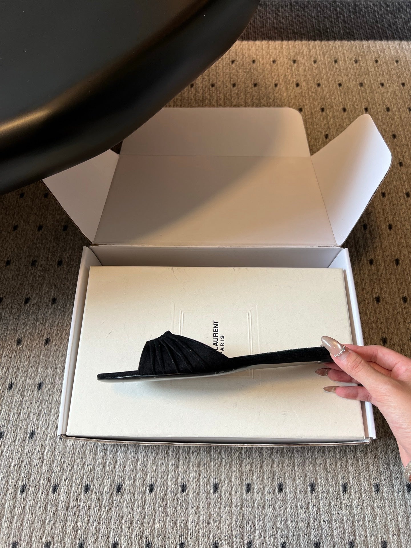 YSL 26S BABYLONE FLAT MULES IN BLACK SUEDE