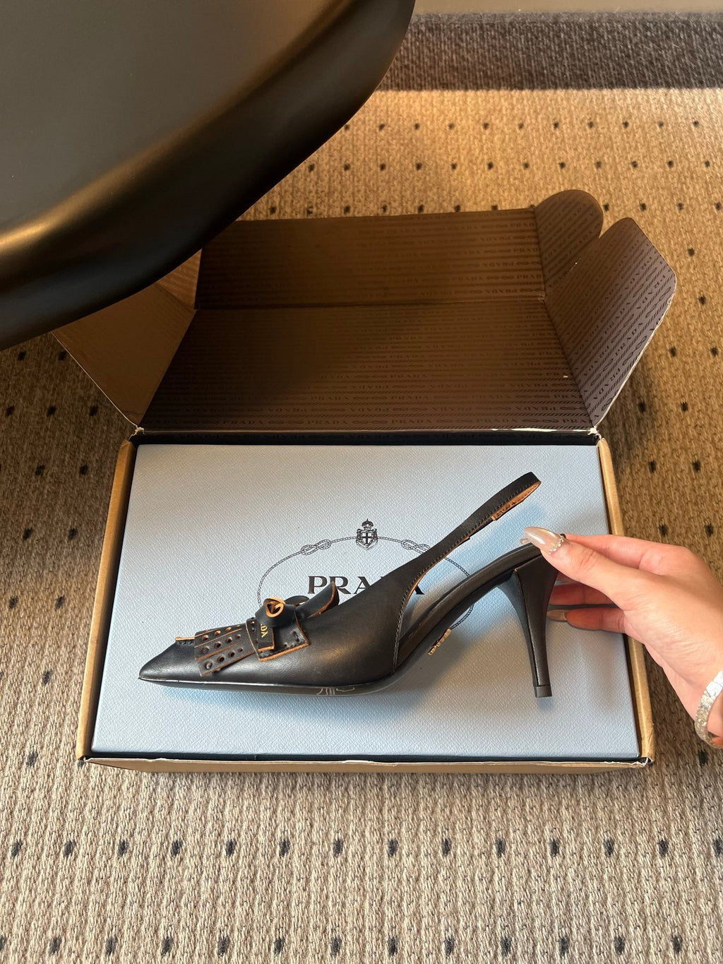 PRADA 26S POINTED TOE FRINGE BOW SLINGBACK PUMPS 85MM IN BLACK CALFSKIN