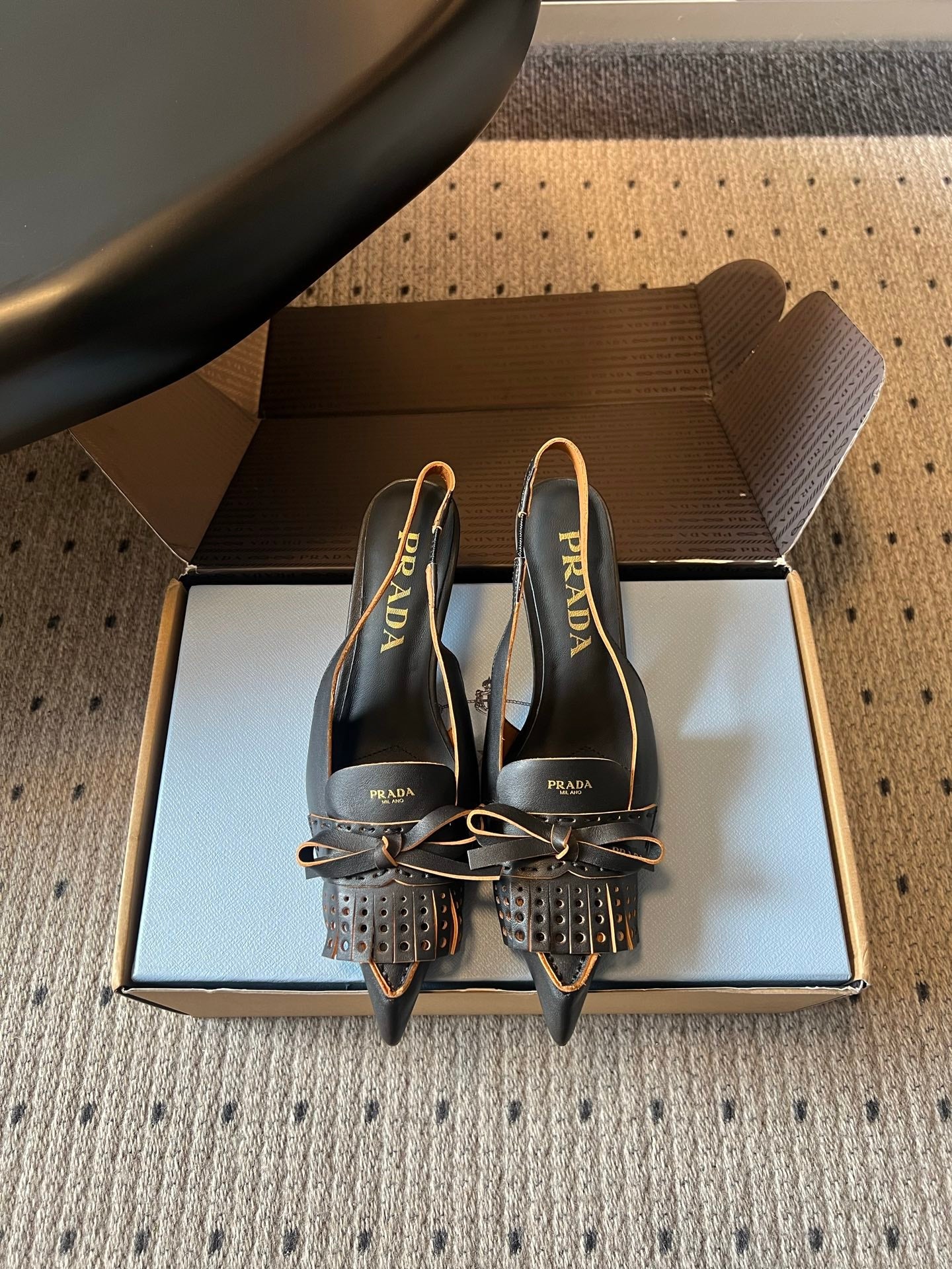 PRADA 26S POINTED TOE FRINGE BOW SLINGBACK PUMPS 55MM IN BLACK CALFSKIN