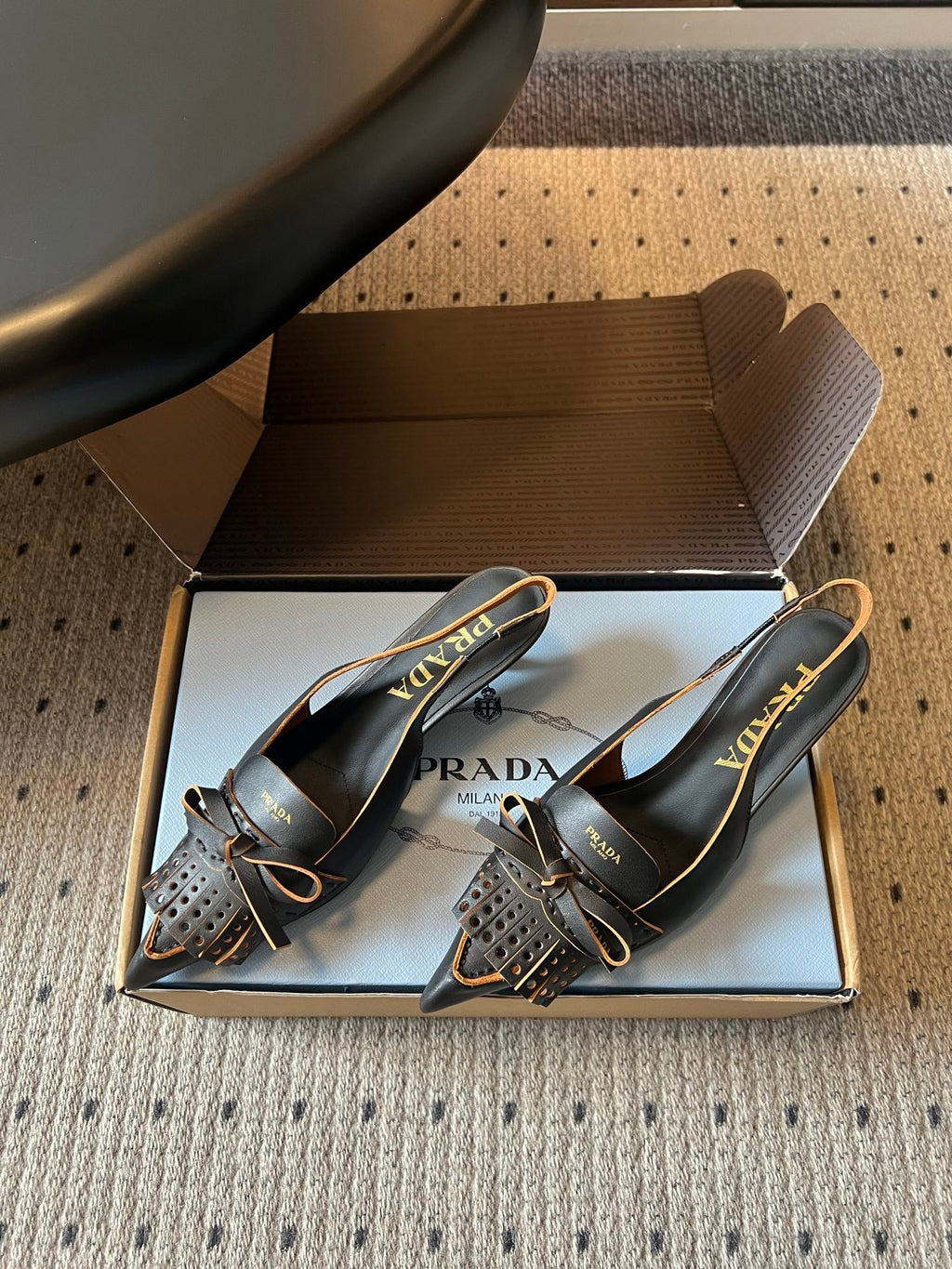 PRADA 26S POINTED TOE FRINGE BOW SLINGBACK PUMPS 55MM IN BLACK CALFSKIN