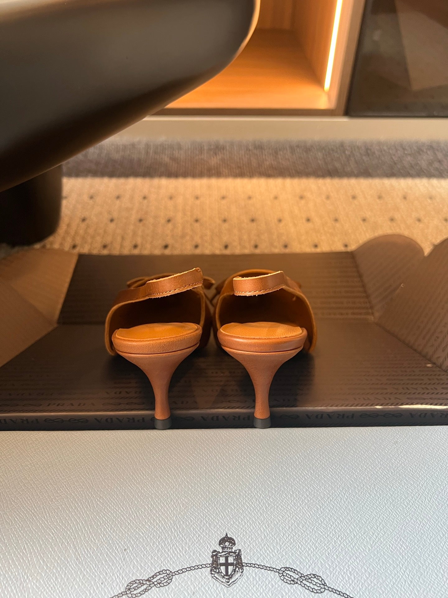 PRADA 26S POINTED TOE FRINGE BOW SLINGBACK PUMPS 55MM IN CARAMEL BROWN CALFSKIN