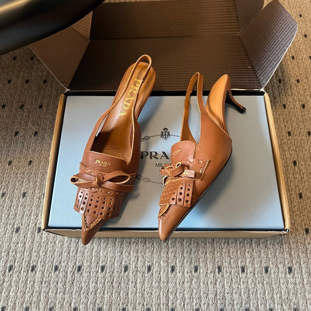 PRADA 26S POINTED TOE FRINGE BOW SLINGBACK PUMPS 55MM IN CARAMEL BROWN CALFSKIN