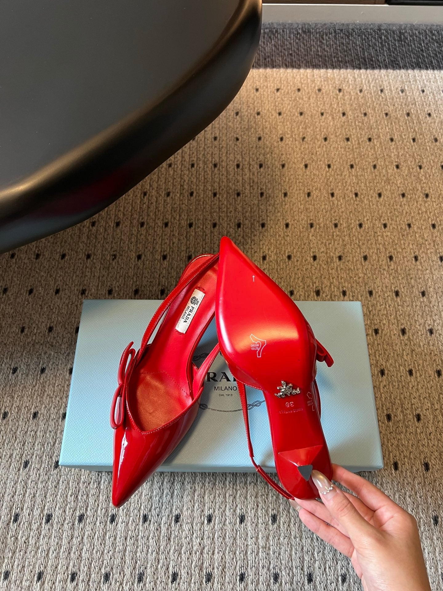 PRADA 26S BOW DETAIL SLINGBACK PUMPS 75MM IN RED PATENT CALFSKIN