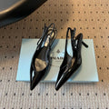 PRADA 26S POINTED TOE SLINGBACK HEELS 55MM IN BLACK PATENT CALFSKIN