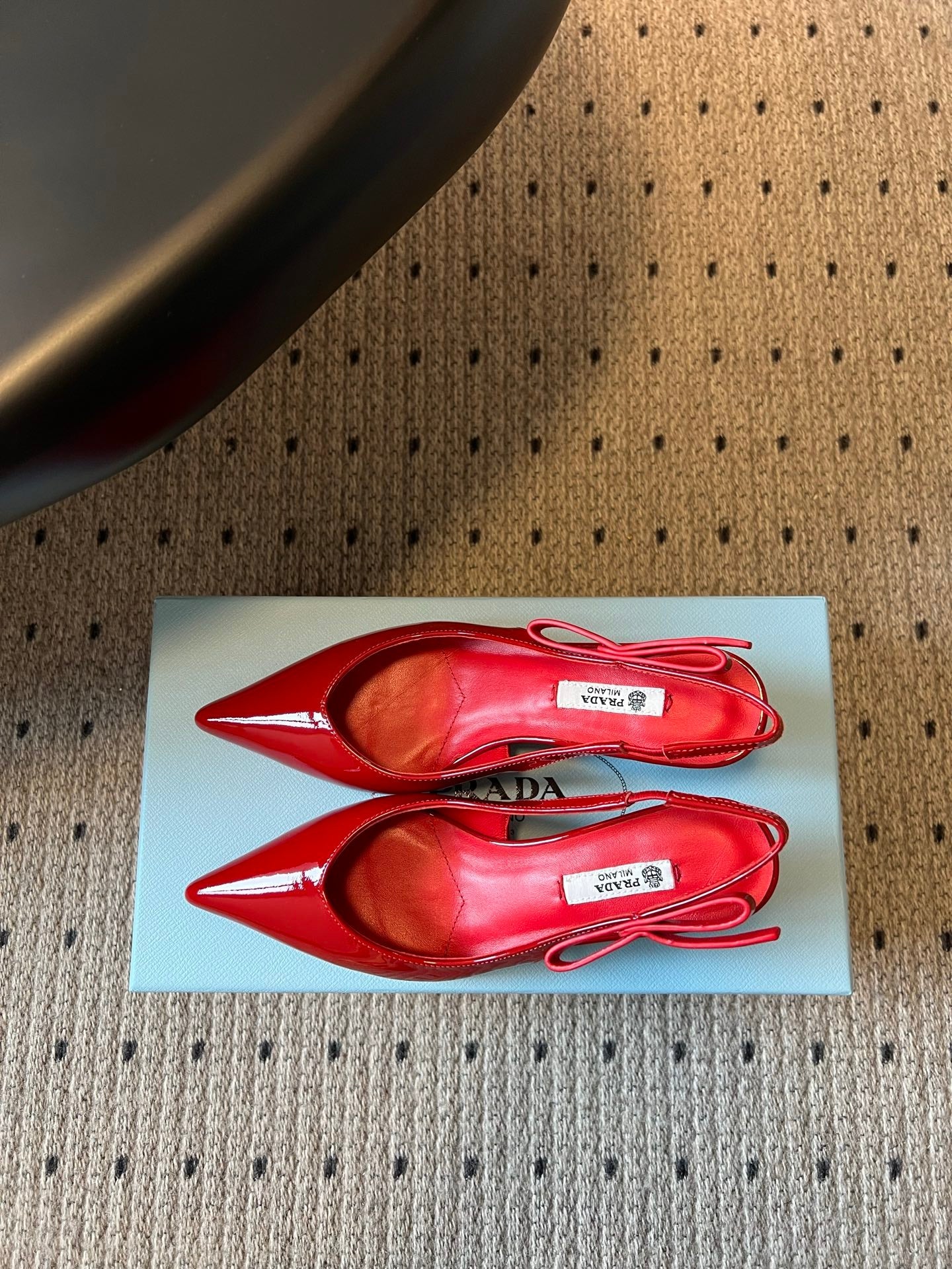 PRADA 26S POINTED TOE SLINGBACK HEELS 55MM IN RED PATENT CALFSKIN