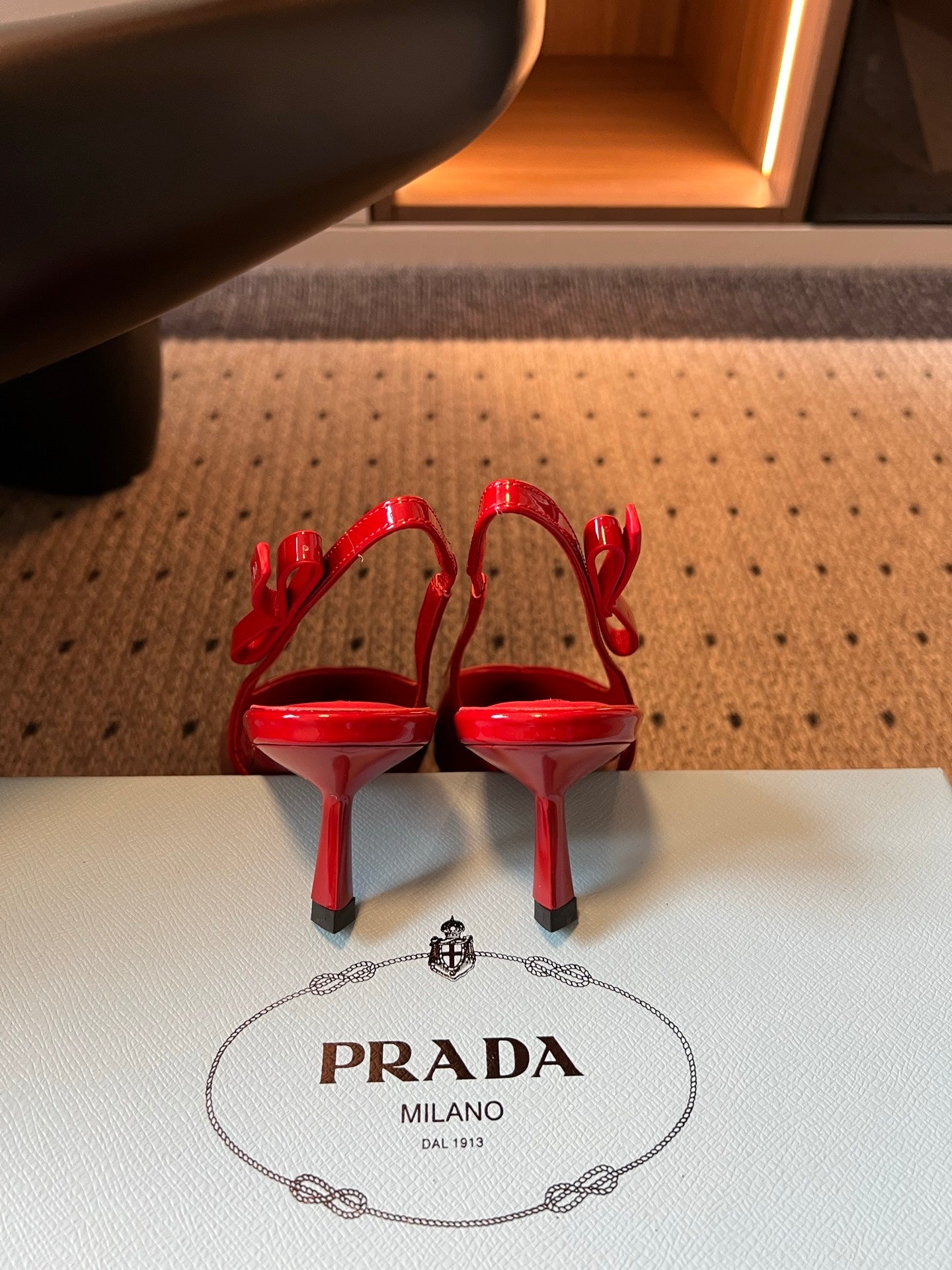 PRADA 26S POINTED TOE SLINGBACK HEELS 55MM IN RED PATENT CALFSKIN