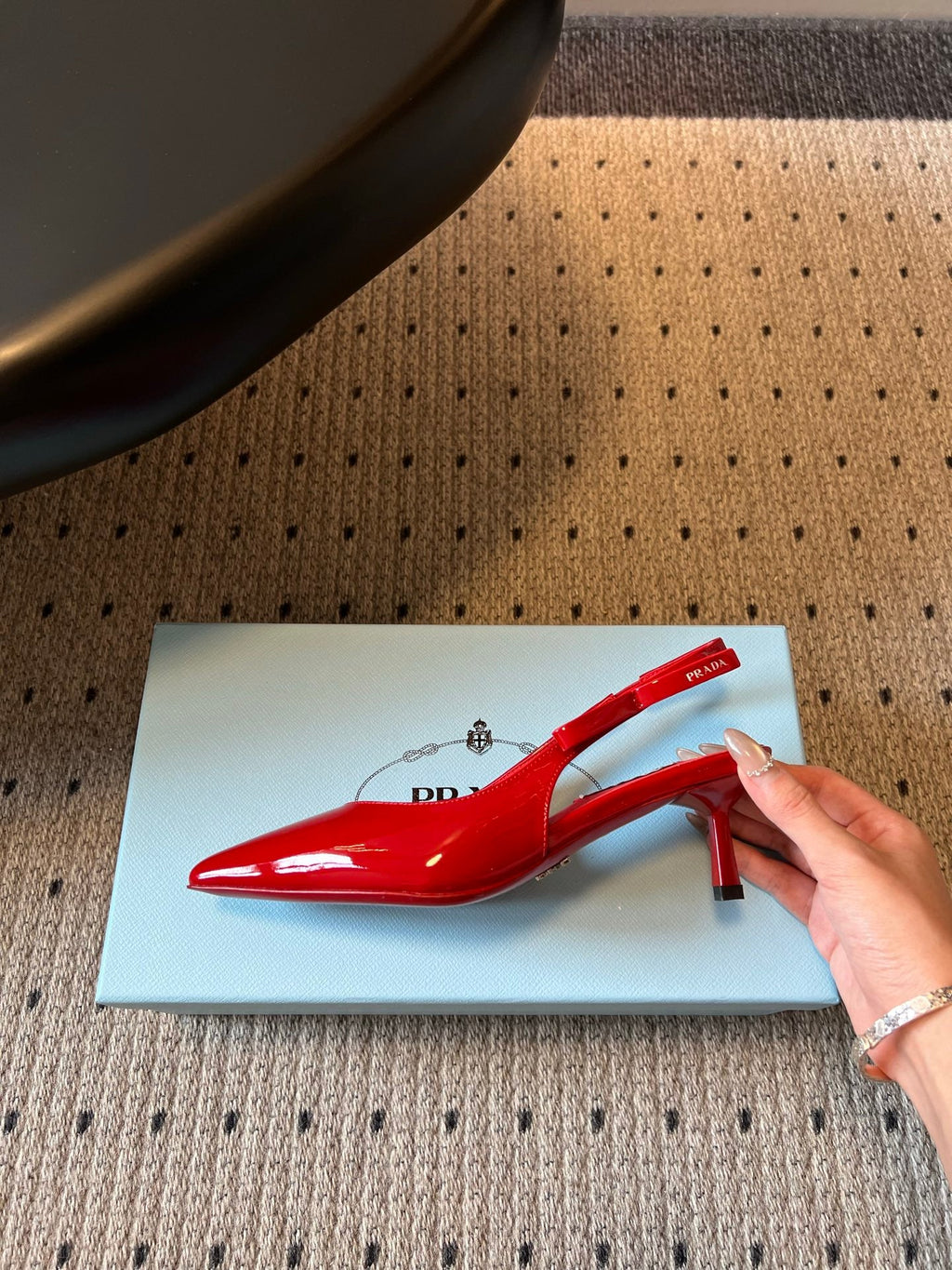 PRADA 26S POINTED TOE SLINGBACK HEELS 55MM IN RED PATENT CALFSKIN