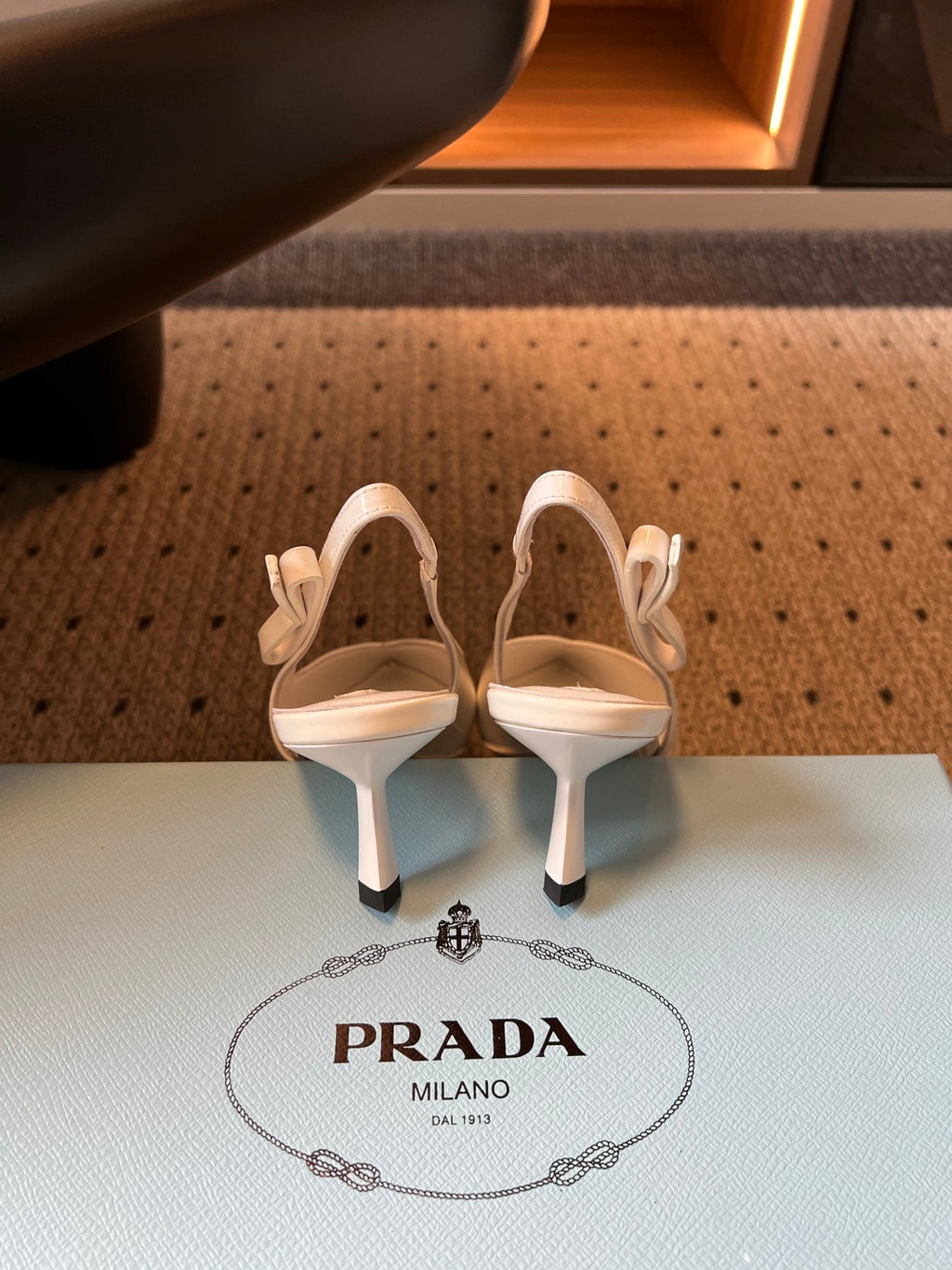 PRADA 26S POINTED TOE SLINGBACK HEELS 55MM IN WHITE PATENT CALFSKIN