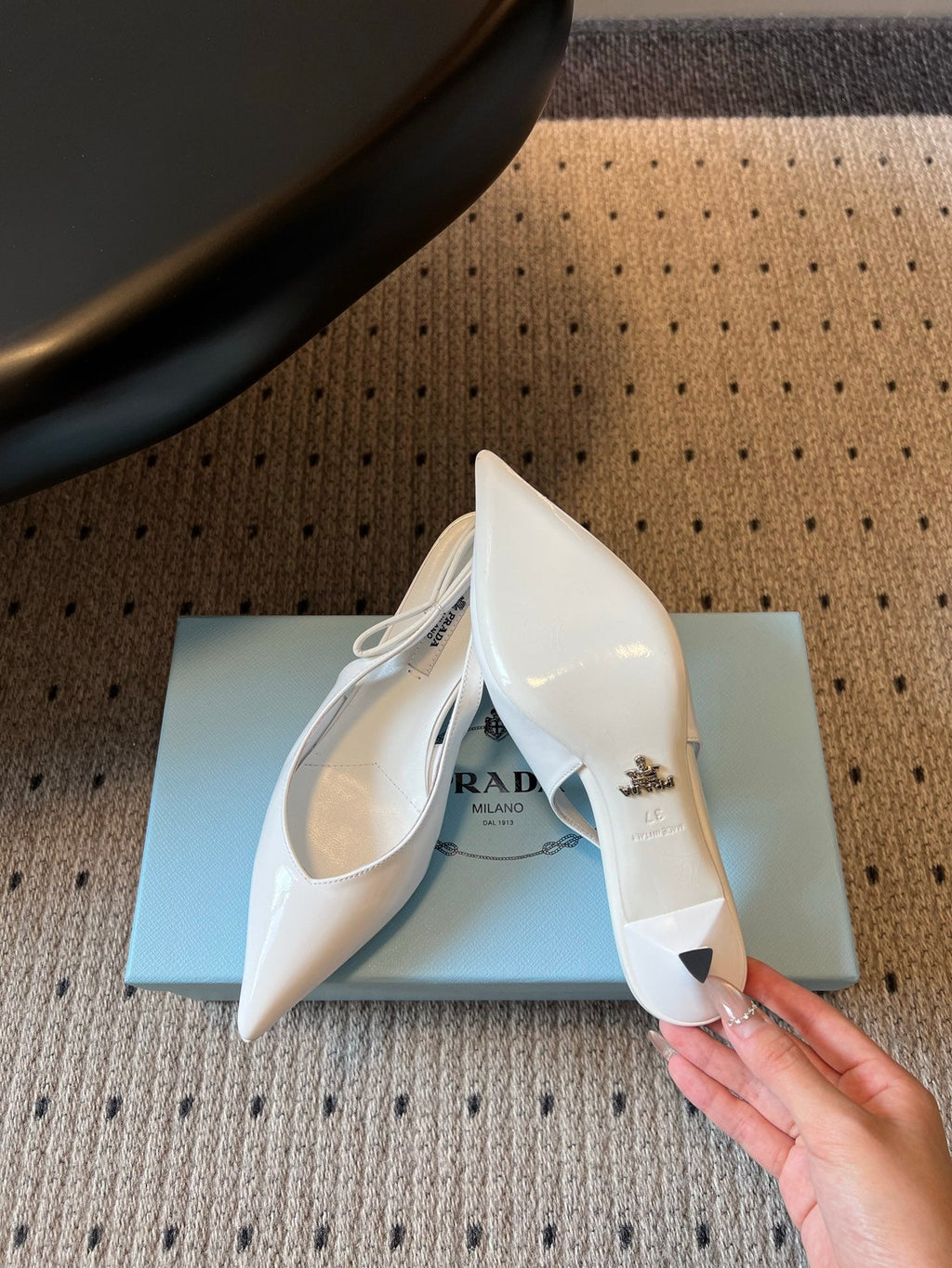 PRADA 26S POINTED TOE SLINGBACK HEELS 55MM IN WHITE PATENT CALFSKIN