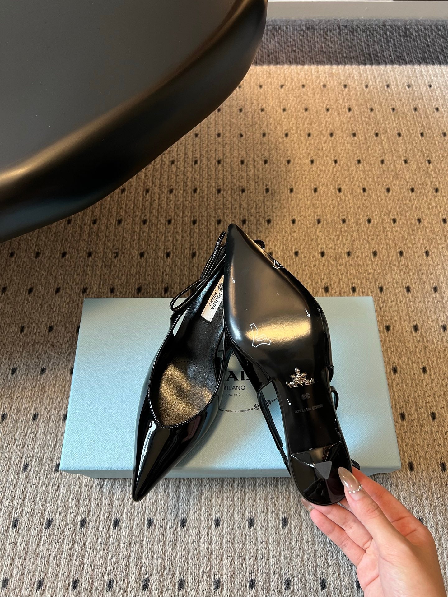 PRADA 26S POINTED TOE SLINGBACK HEELS 75MM IN BLACK PATENT CALFSKIN
