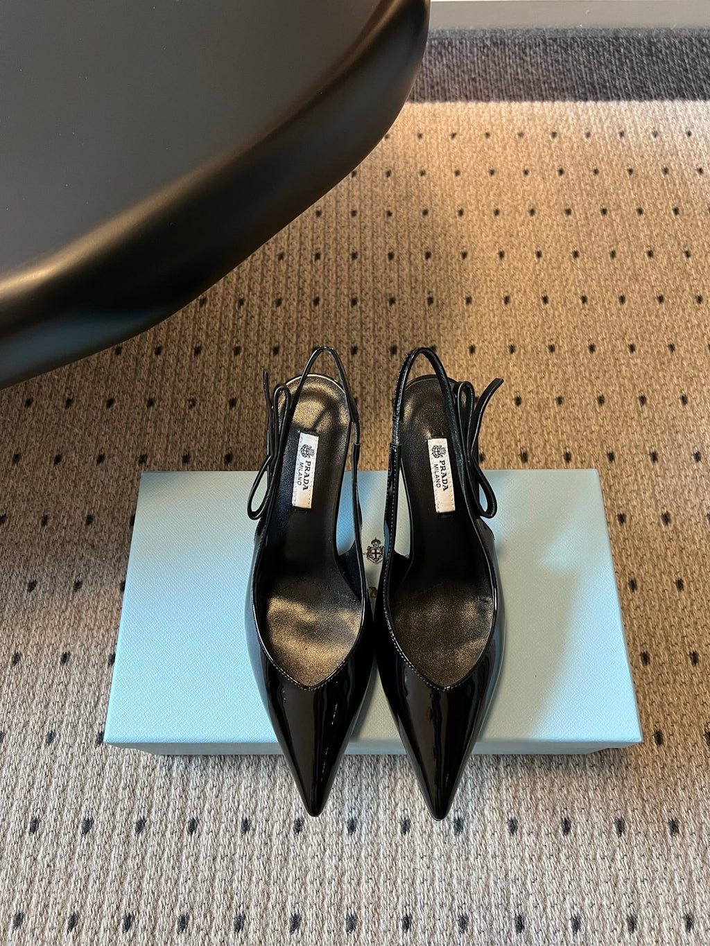 PRADA 26S POINTED TOE SLINGBACK HEELS 75MM IN BLACK PATENT CALFSKIN