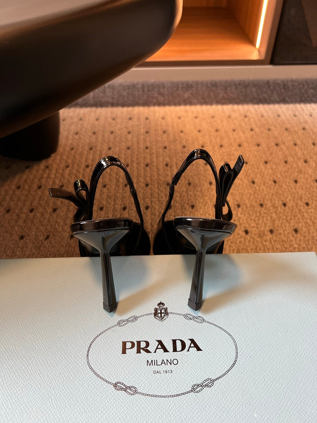 PRADA 26S POINTED TOE SLINGBACK HEELS 75MM IN BLACK PATENT CALFSKIN