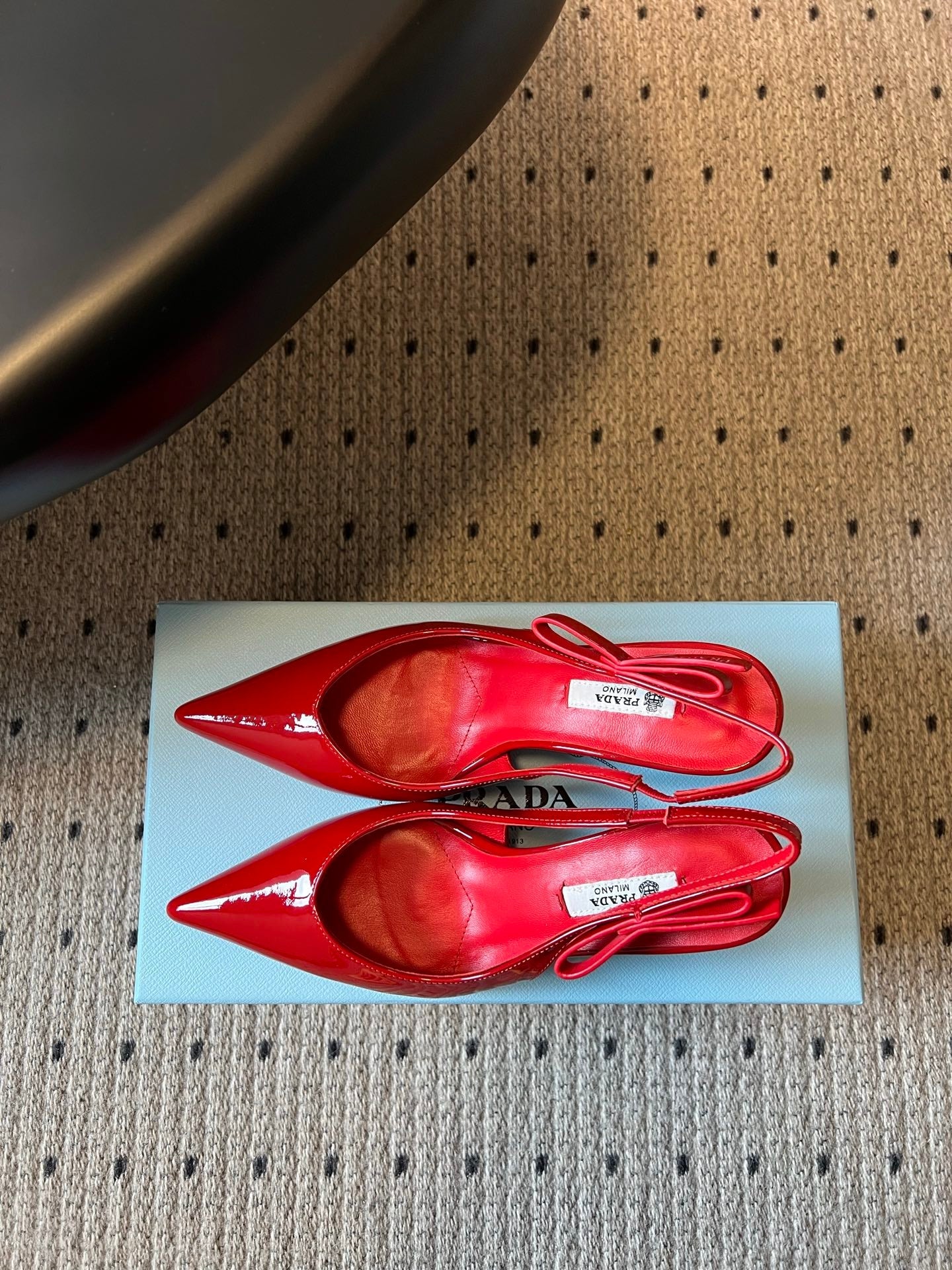 PRADA 26S POINTED TOE SLINGBACK HEELS 75MM IN RED PATENT CALFSKIN