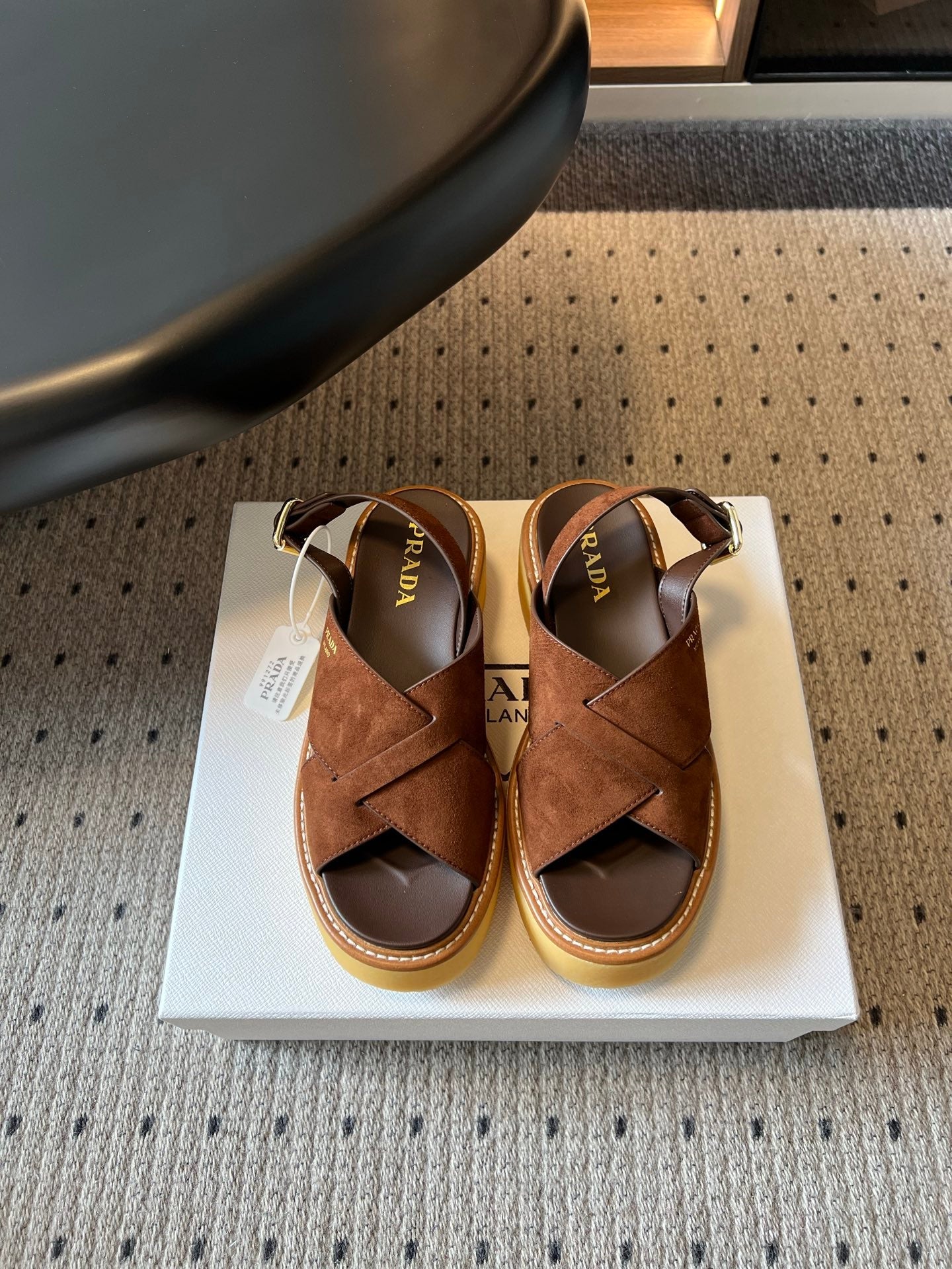 PRADA 26S CROSS STRAP PLATFORM SANDALS 55MM IN BROWN SUEDE