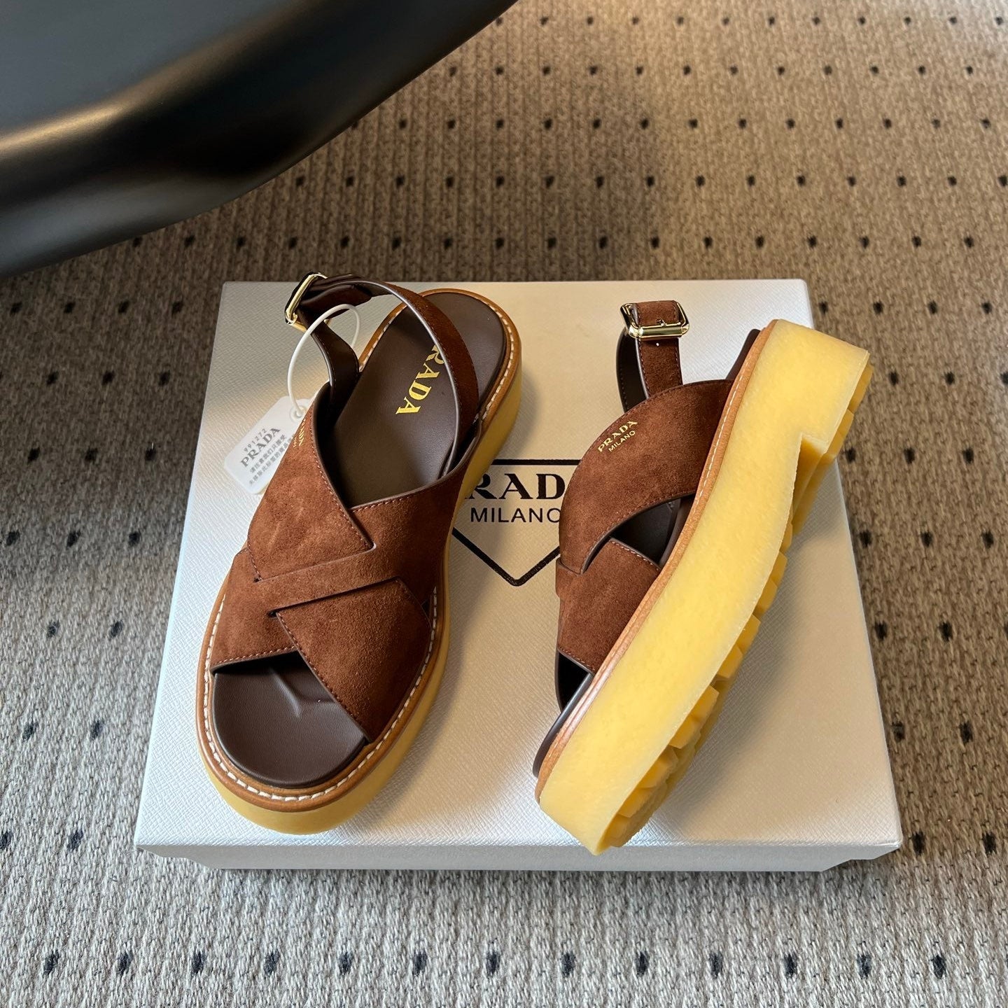 PRADA 26S CROSS STRAP PLATFORM SANDALS 55MM IN BROWN SUEDE
