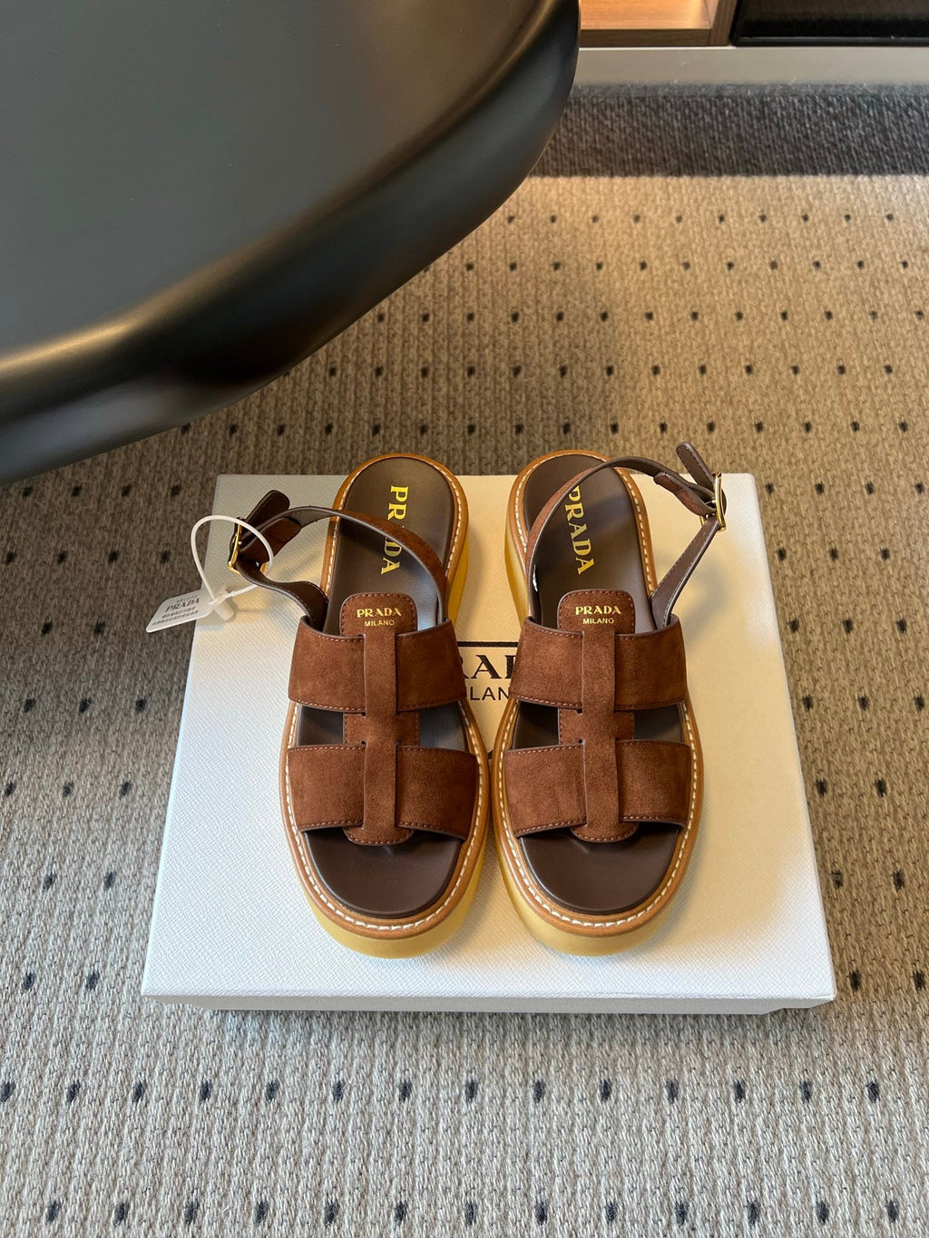 PRADA 26S PLATFORM SANDALS 55MM IN BROWN SUEDE