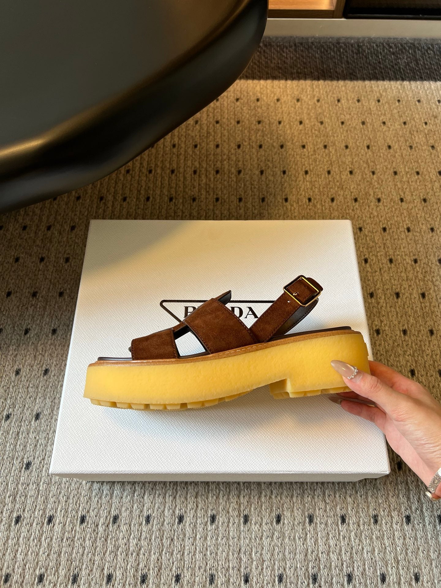 PRADA 26S PLATFORM SANDALS 55MM IN BROWN SUEDE