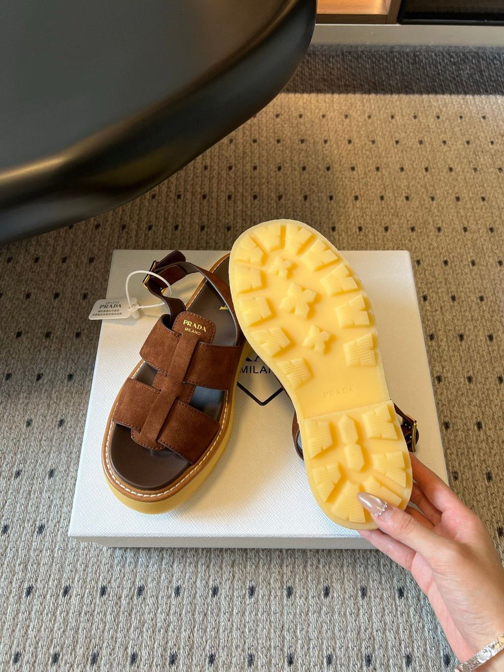 PRADA 26S PLATFORM SANDALS 55MM IN BROWN SUEDE