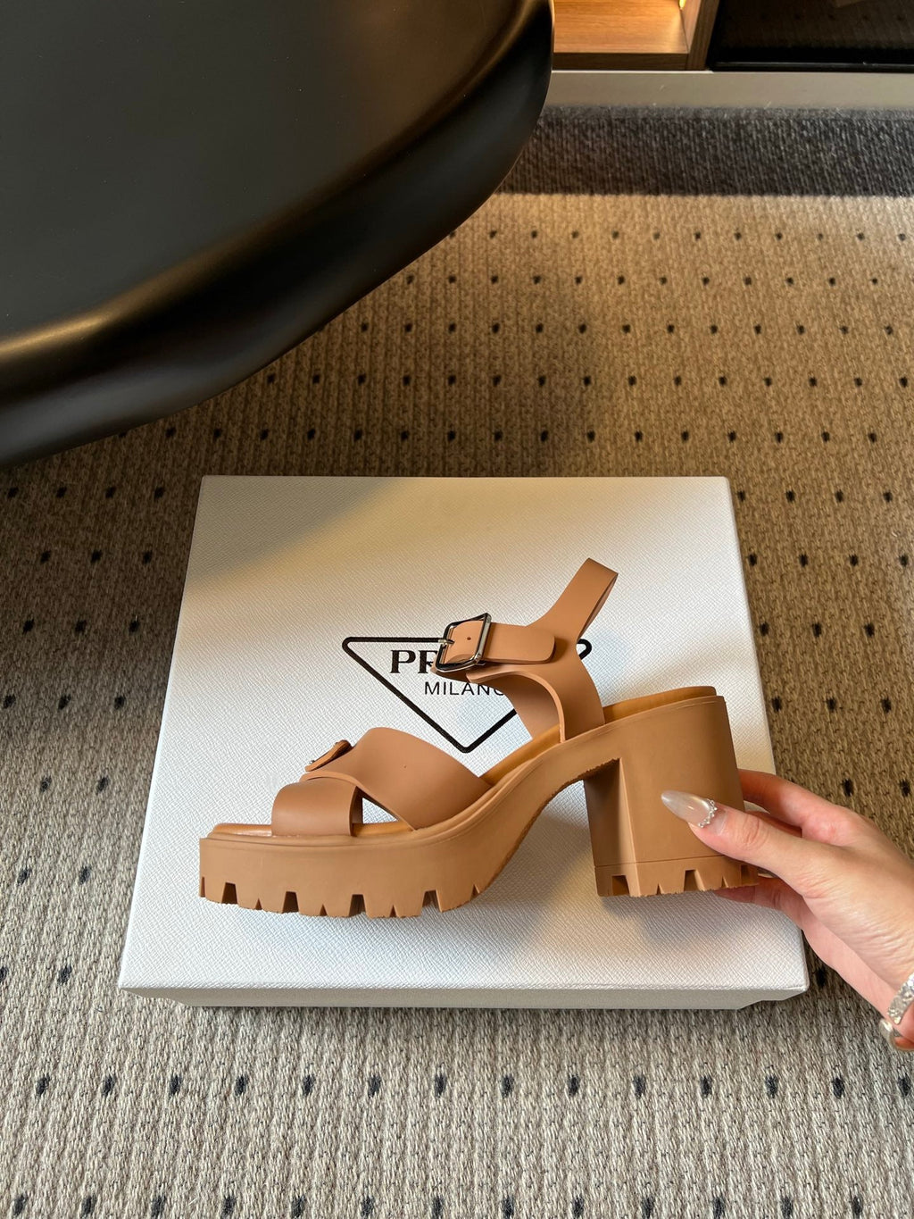 PRADA 26S BLOCK HEEL SANDALS 85MM IN CARAMEL BROWN EVA FOAM