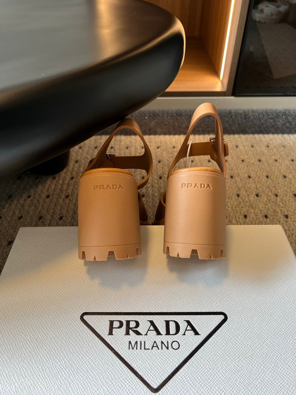PRADA 26S BLOCK HEEL SANDALS 85MM IN CARAMEL BROWN EVA FOAM