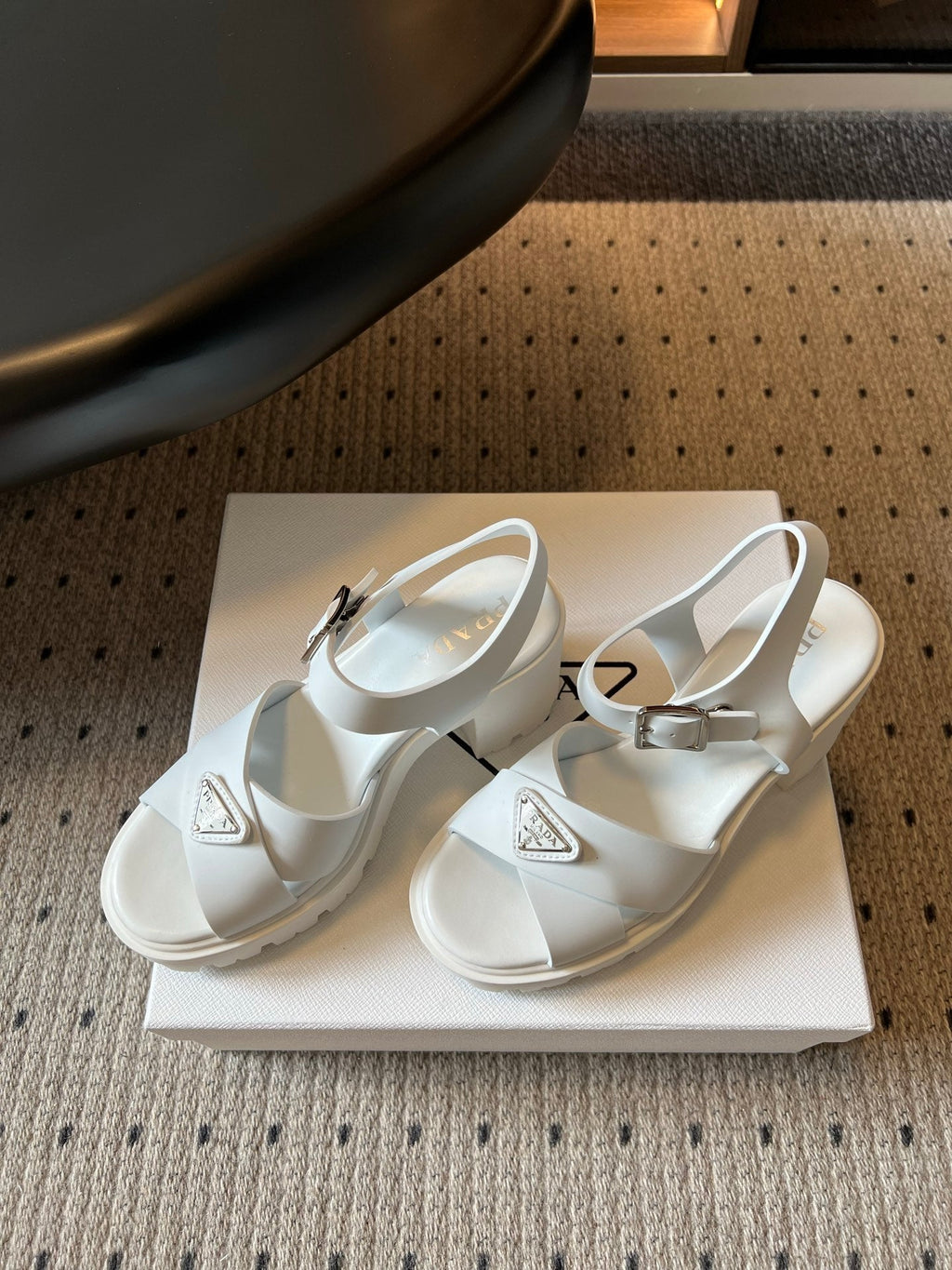 PRADA 26S BLOCK HEEL SANDALS 85MM IN WHITE EVA FOAM