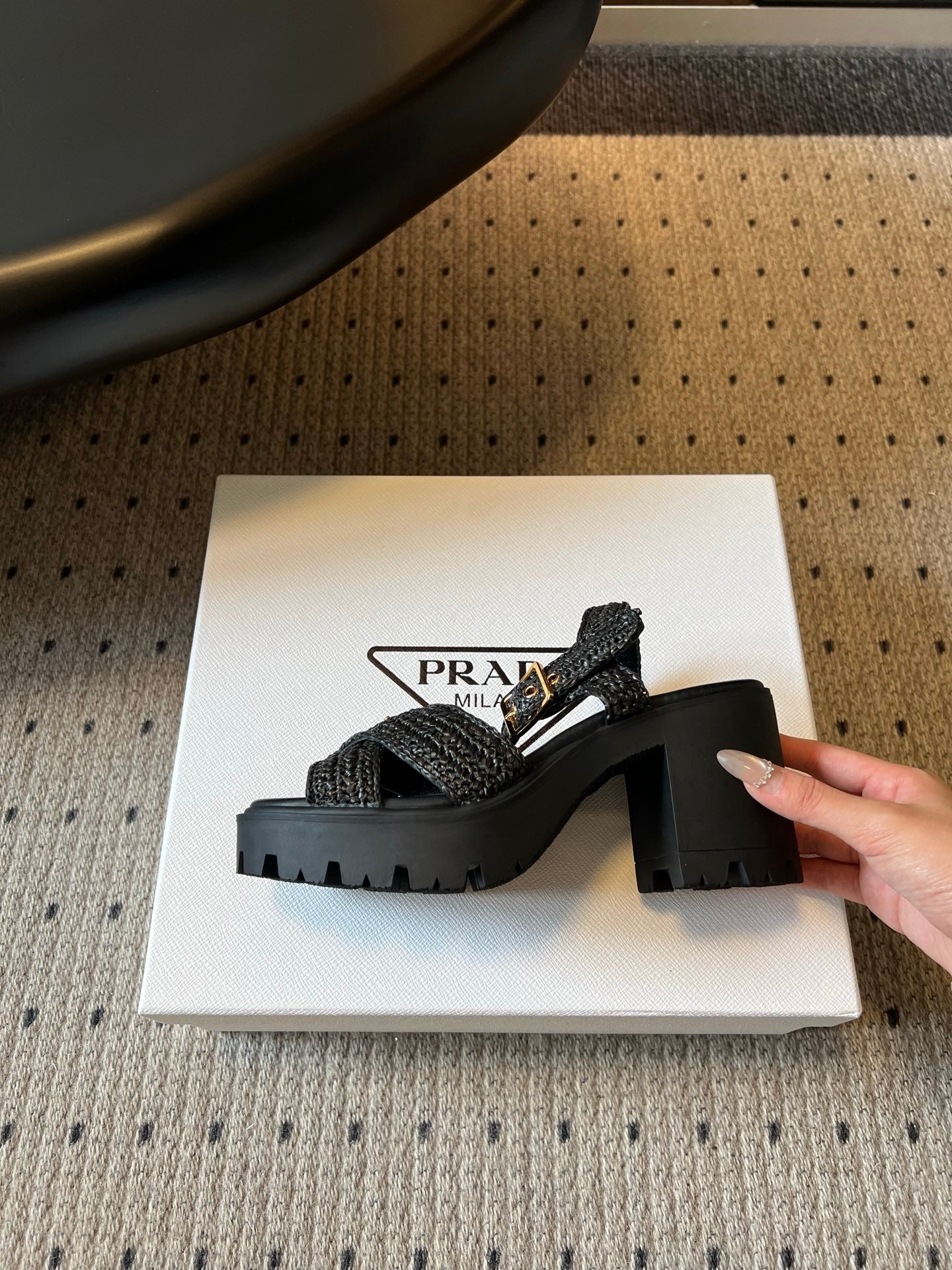 PRADA 26S BLOCK HEEL SANDALS 85MM IN BLACK RAFFIA AND CALFSKIN