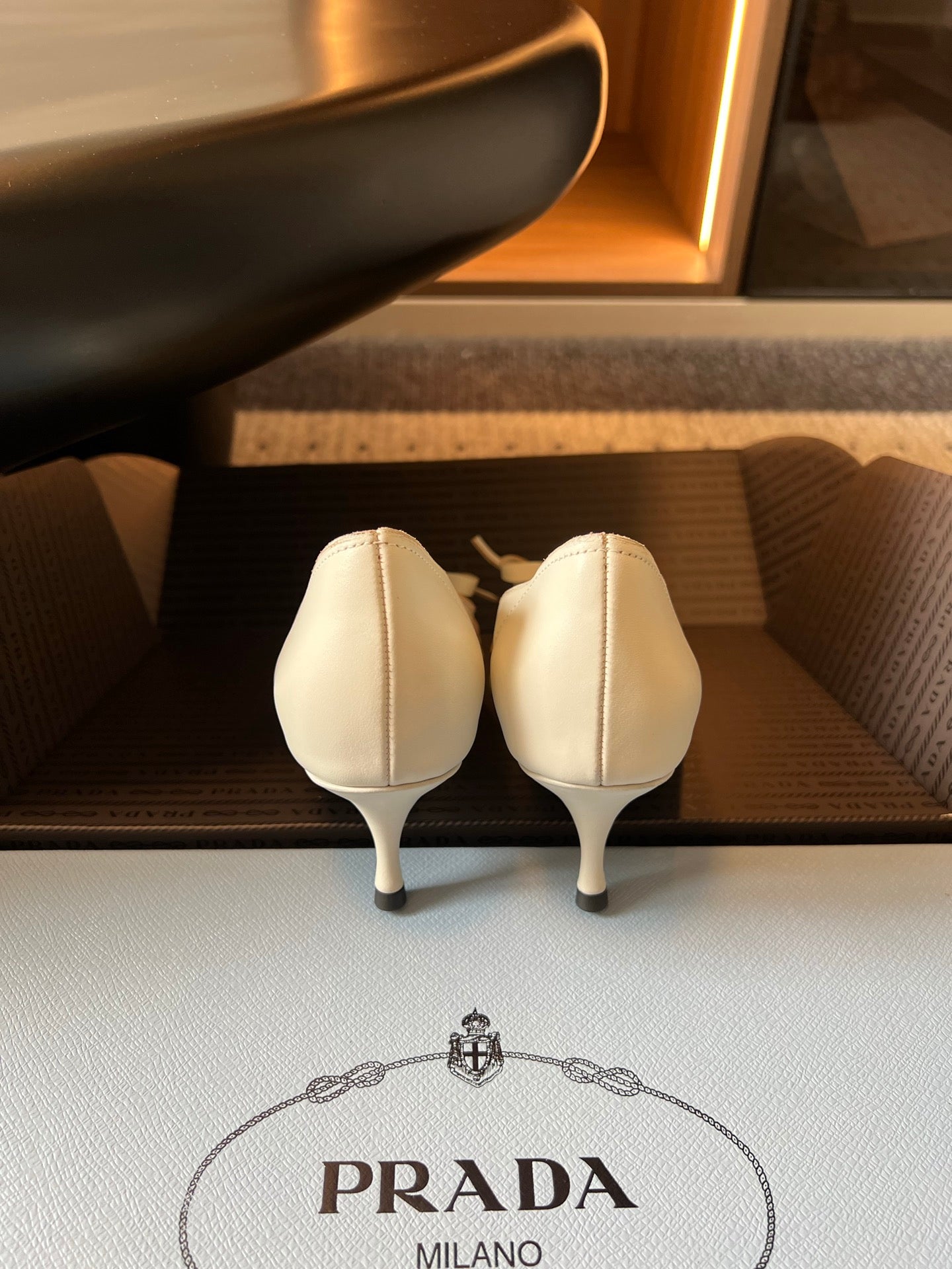 PRADA 26S POINTED TOE BOW FRINGE PUMPS 50MM IN IVORY WHITE CALFSKIN