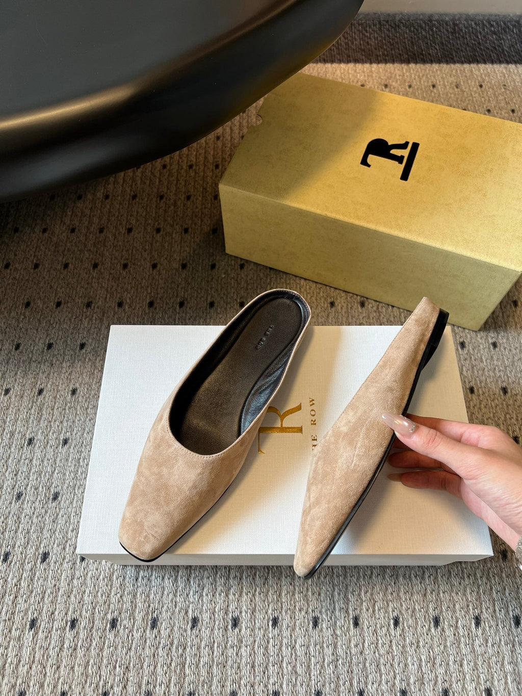 THE ROW 26S SQUARE TOE BACKLESS SLIDES IN LIGHT BROWN CALF HAIR