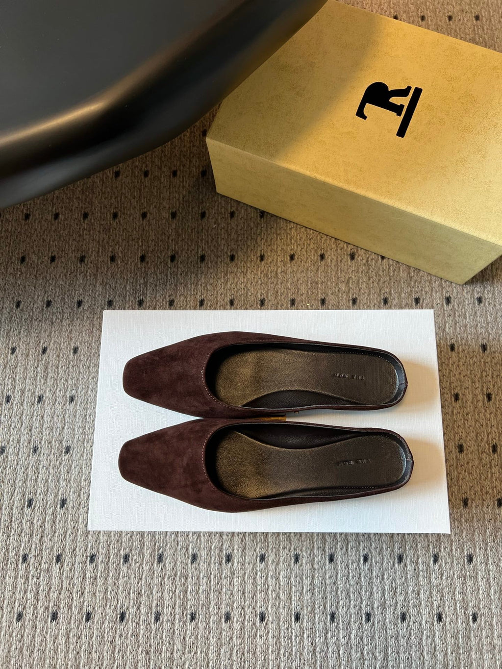 THE ROW 26S SQUARE TOE BACKLESS SLIDES IN DARK BROWN CALF HAIR