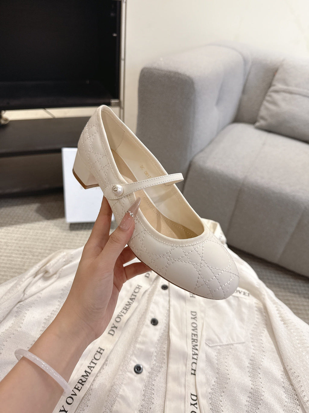 DIOR 26S MARY JANE PUMPS IN CREAM WHITE LAMBSKIN PEARL-ADORNED STRAP