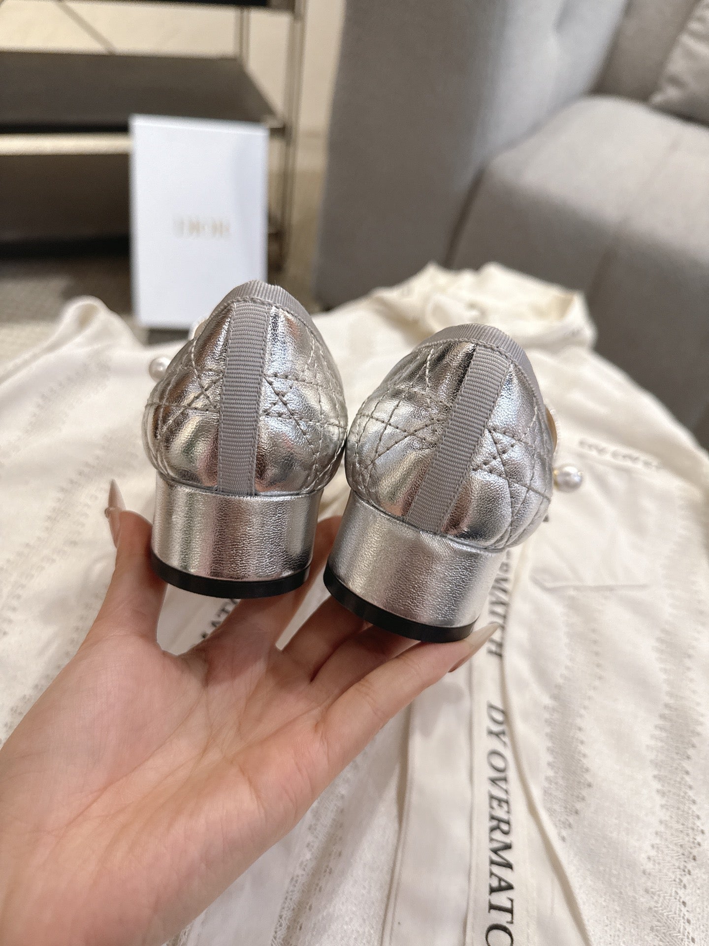 DIOR 26S MARY JANE PUMPS IN SILVER LAMBSKIN PEARL-ADORNED STRAP