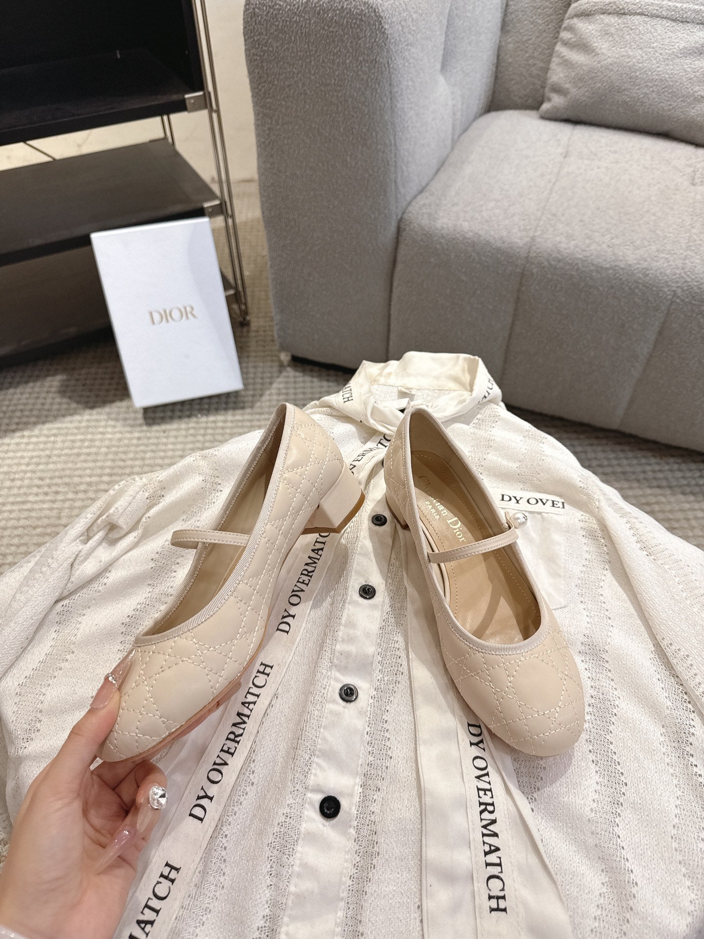 DIOR 26S MARY JANE PUMPS IN BEIGE LAMBSKIN PEARL-ADORNED STRAP