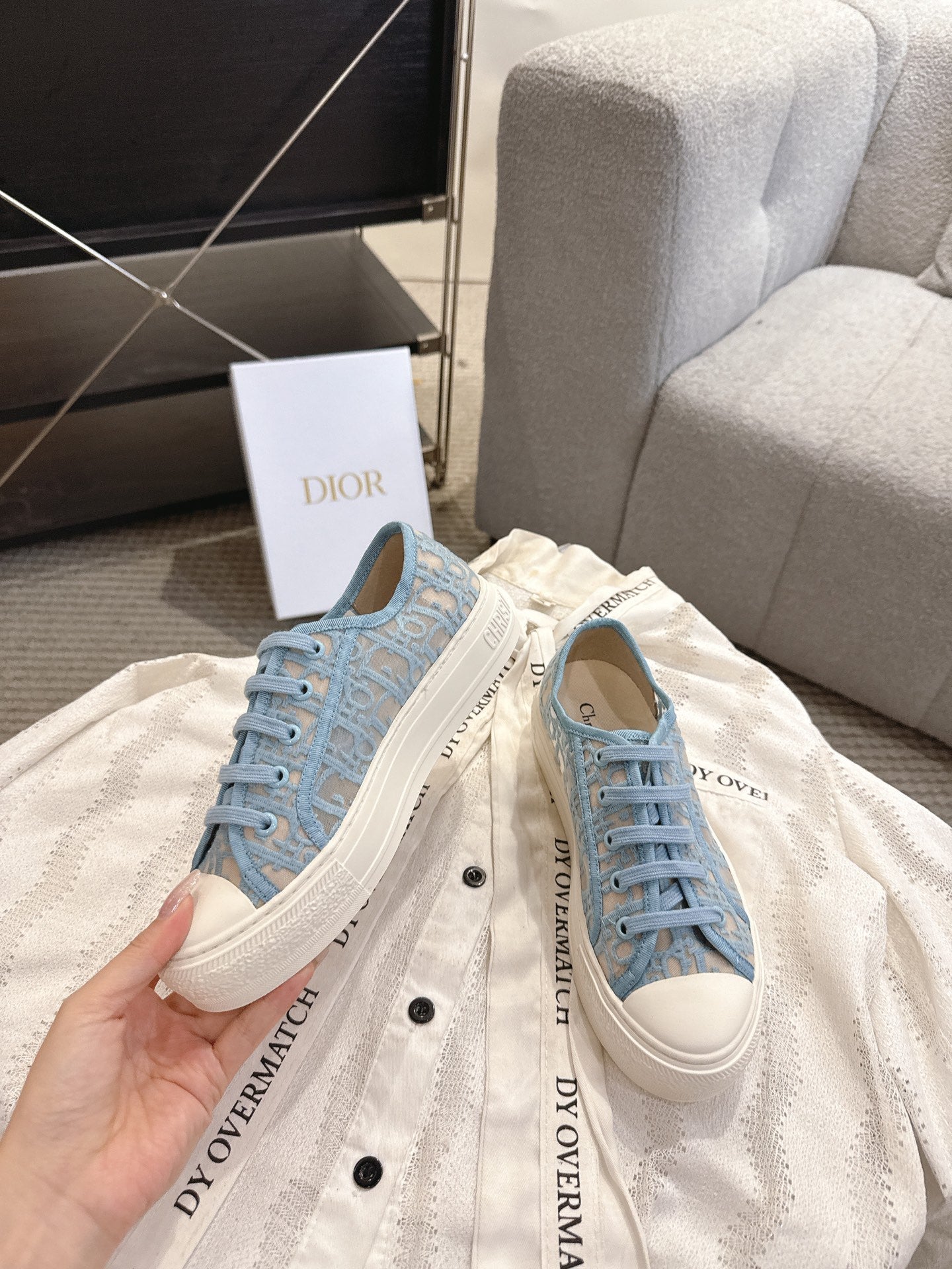 DIOR 26S SNEAKERS IN SKY BLUE OBLIQUE EMBROIDERED MESH
