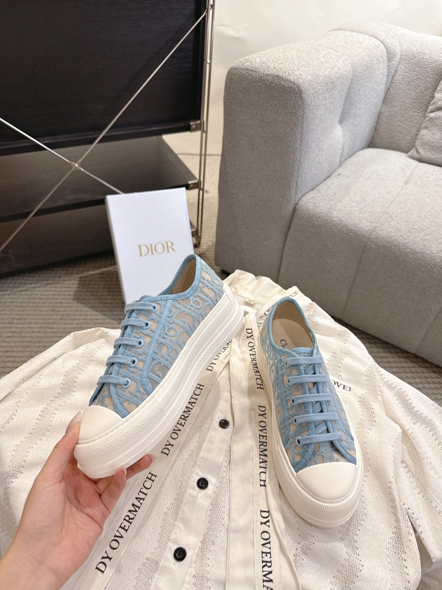 DIOR 26S PLATFORM SNEAKERS IN SKY BLUE OBLIQUE EMBROIDERED MESH