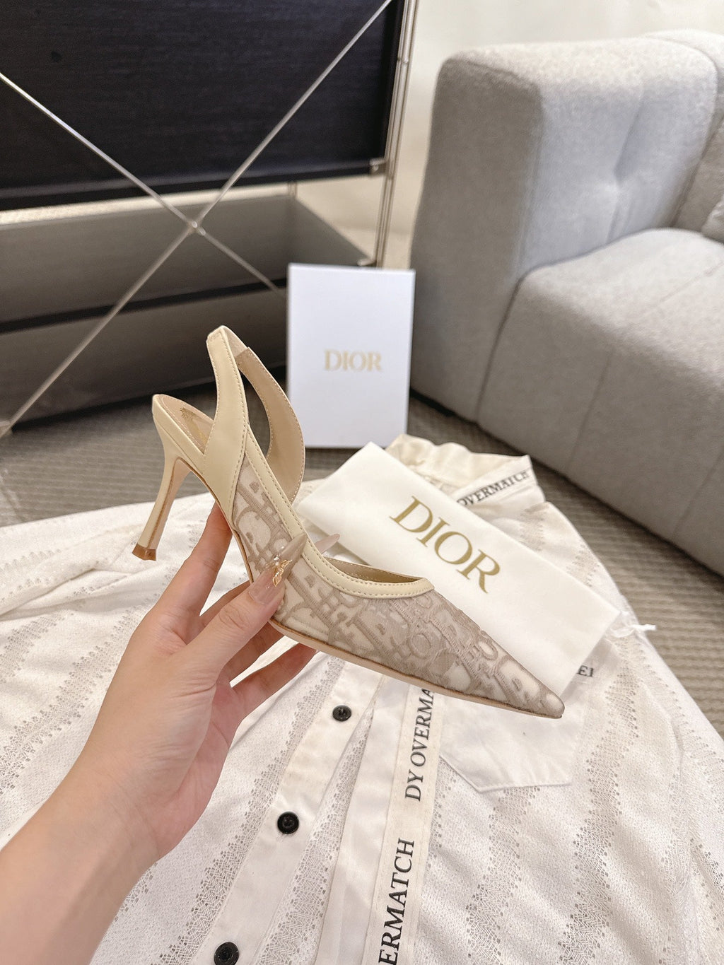 DIOR 26S HIGH-HEEL SLINGBACKS 80 MM IN BEIGE OBLIQUE EMBROIDERED MESH