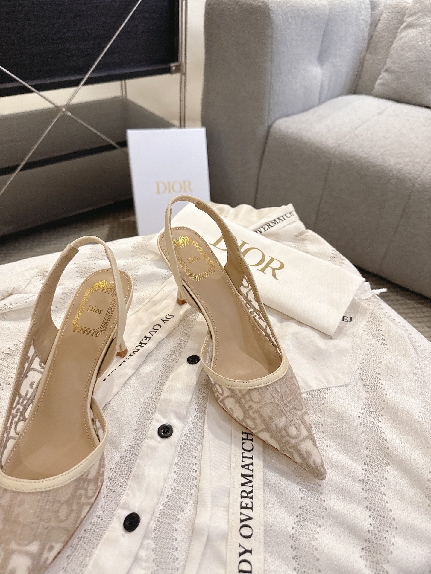 DIOR 26S HIGH-HEEL SLINGBACKS 80 MM IN BEIGE OBLIQUE EMBROIDERED MESH