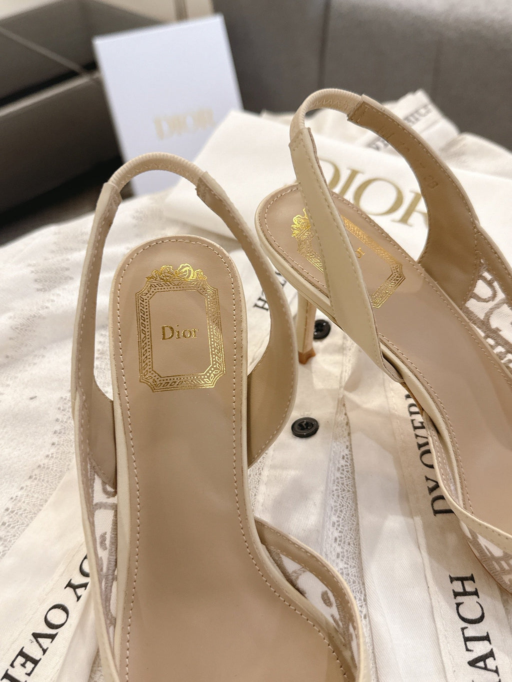 DIOR 26S HIGH-HEEL SLINGBACKS 80 MM IN BEIGE OBLIQUE EMBROIDERED MESH