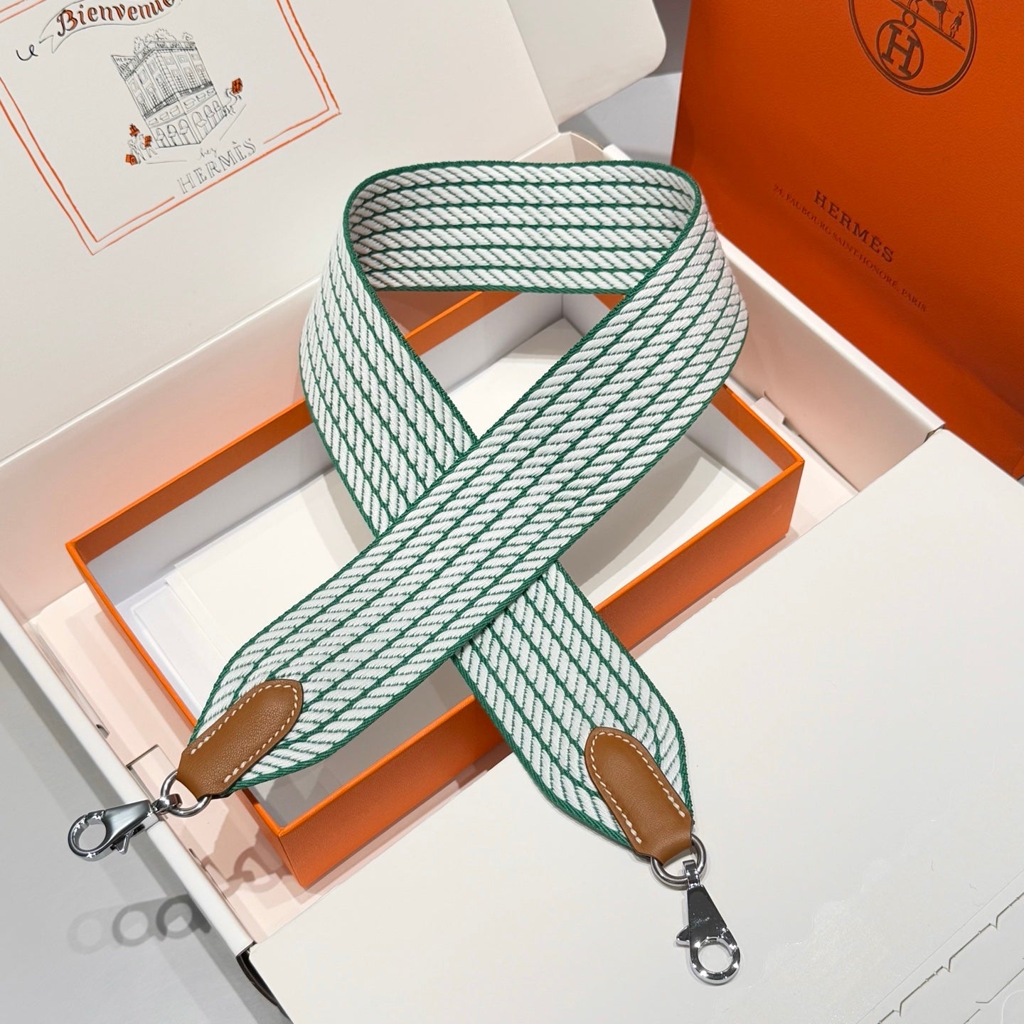25S HERMES BAG STRAP WHITE AND DEEP SEA GREEN 85 IN CANVAS SILVER HARDWARE
