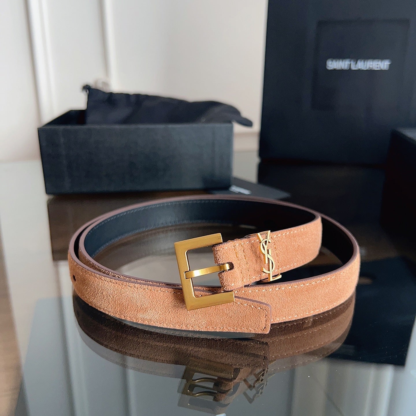 YSL 25S BELT 20 MM IN CARAMEL BROWN SUEDE 616310