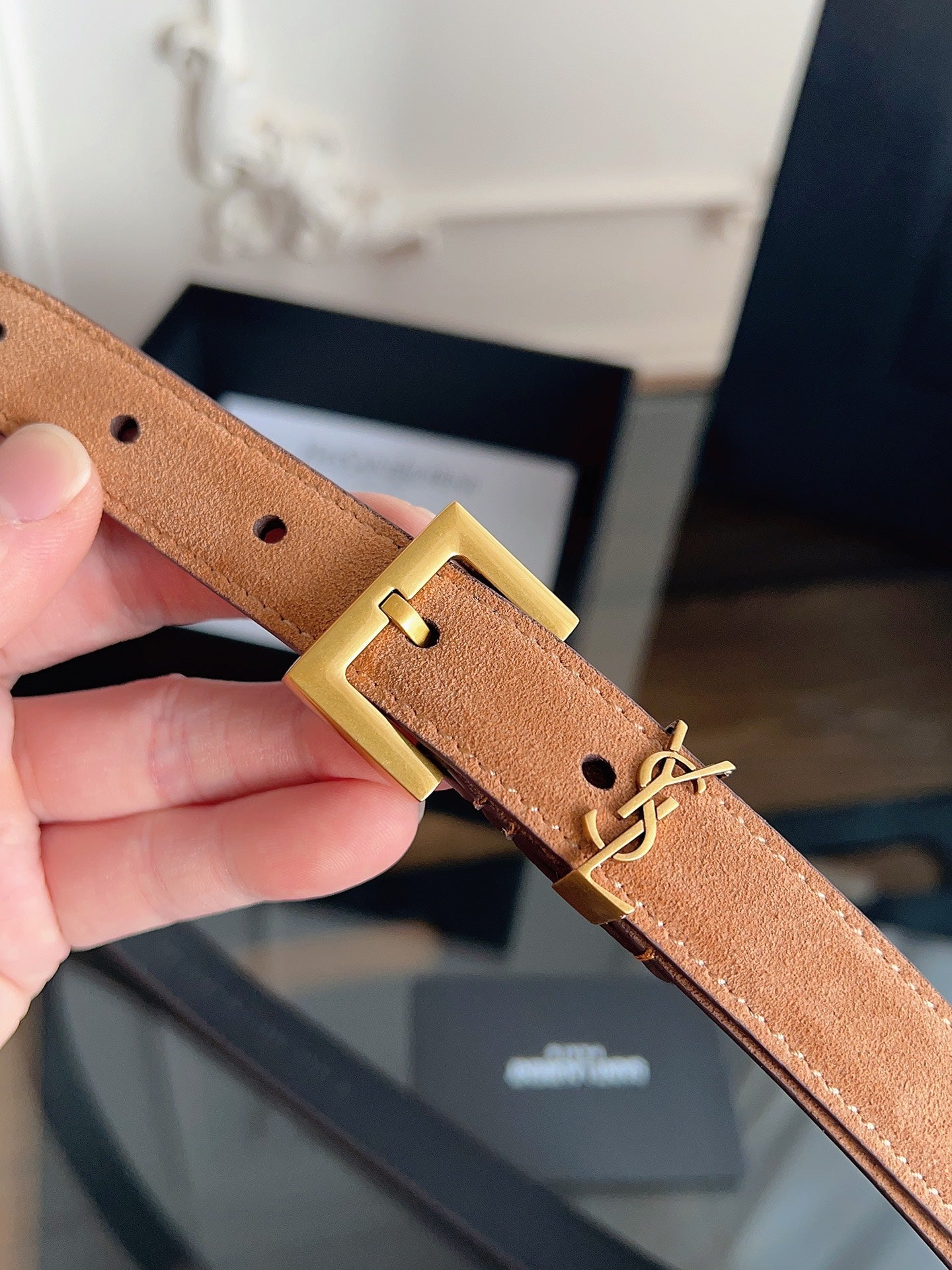 YSL 25S BELT 20 MM IN CARAMEL BROWN SUEDE 616310