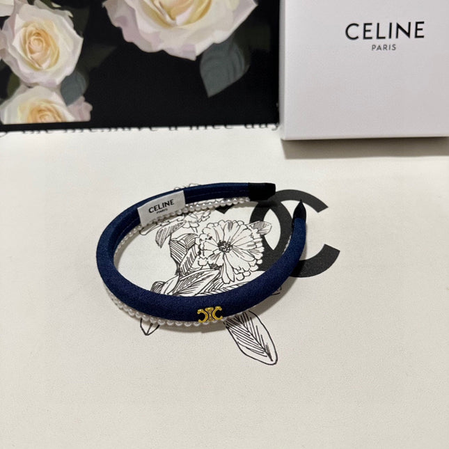 NAVY BLUE DENIM FABRIC HAIRBAND WITH PEARL CHAIN 400483