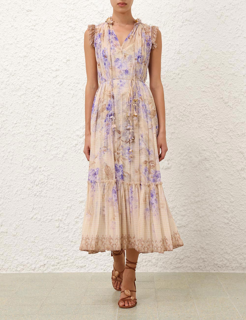 ZIMMER PLEATED V-NECK SLEEVELESS DRESS IN BEIGE MIX PURPLE