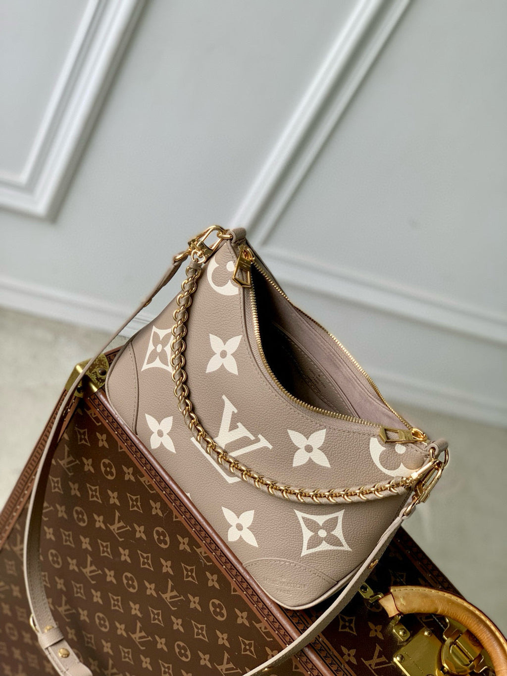 BOULOGNE 29 IN DOVE GRAY AND CREAM MONOGRAM EMPREINTE LEATHER GOLD HARDWARE