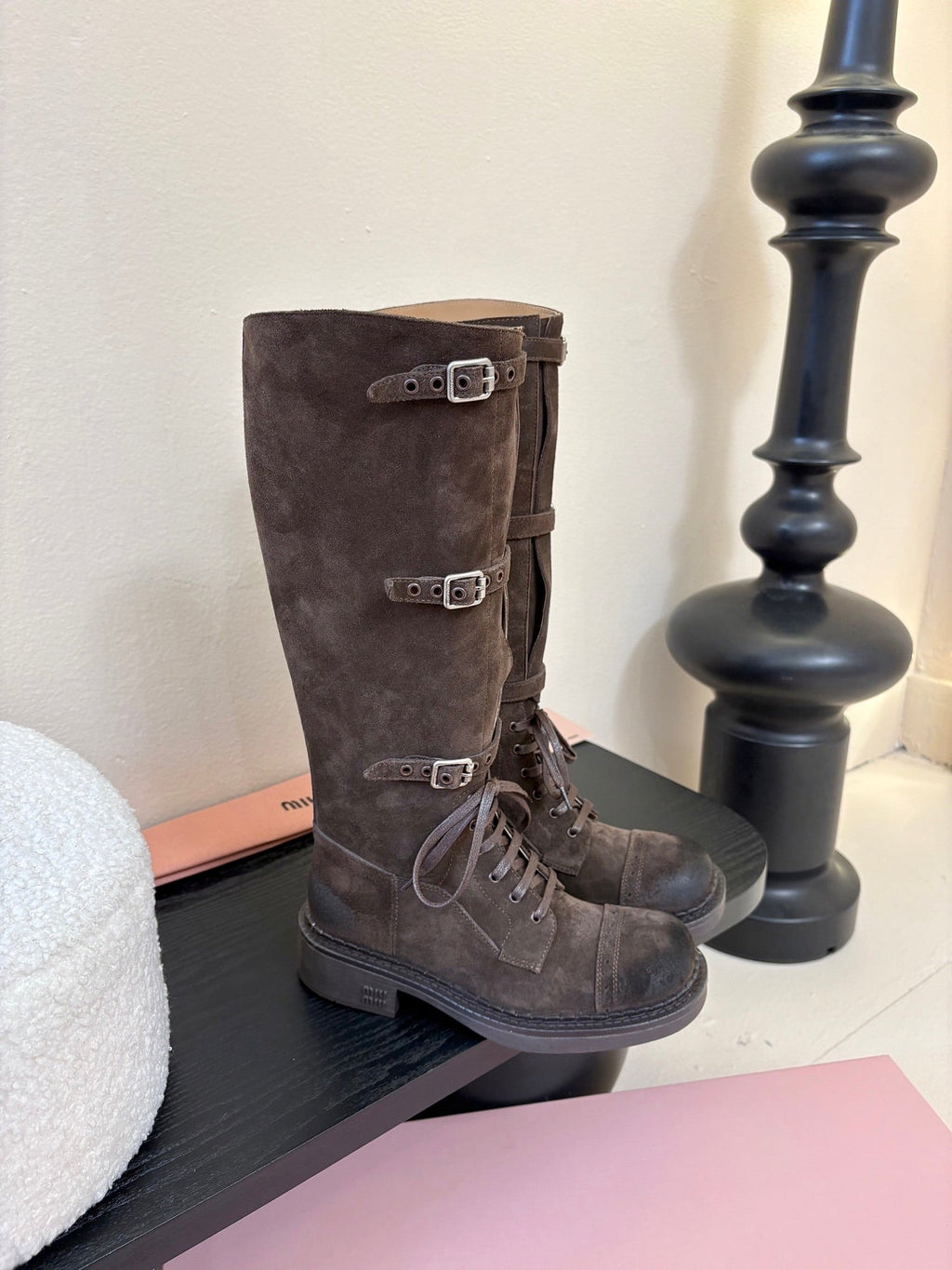 MIUMIU 25S ARMY BOOTS IN DARK BROWN SUEDE