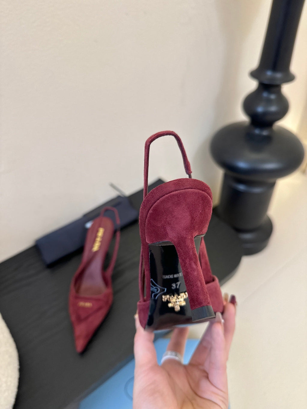 PRADA 26S POINTED TOE SLINGBACK HEELS 60MM IN DARK RED SUDE WITH LOGO