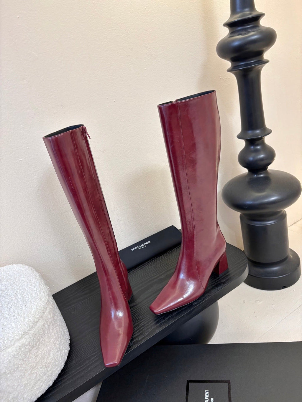 YSL 26S KNEE-HIGH HEELED BOOTS IN DARK RED SHINY CALFSKIN