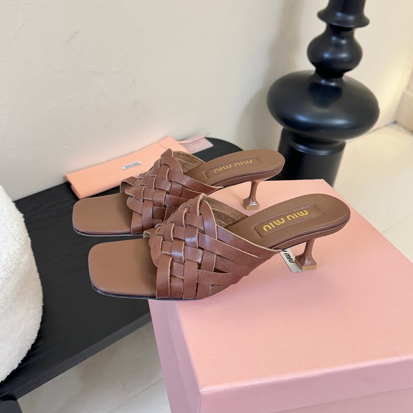 MIUMIU 26S IVETTE WOVEN HEELED SANDALS 40MM IN BROWN CALFSKIN