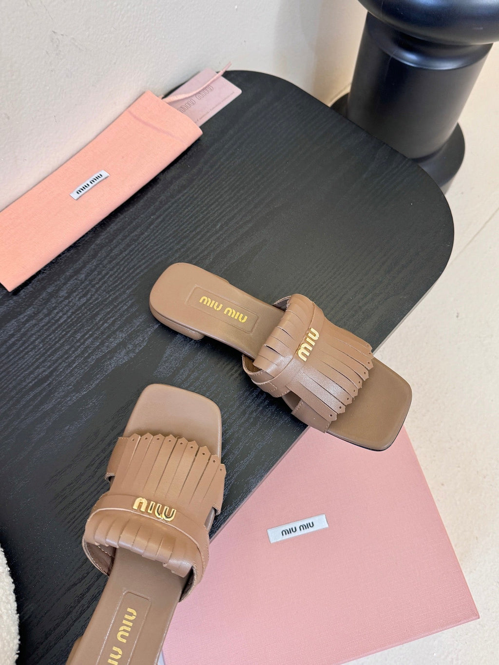 MIUMIU 26S FLAT SLIPPERS IN BROWN CALFSKIN